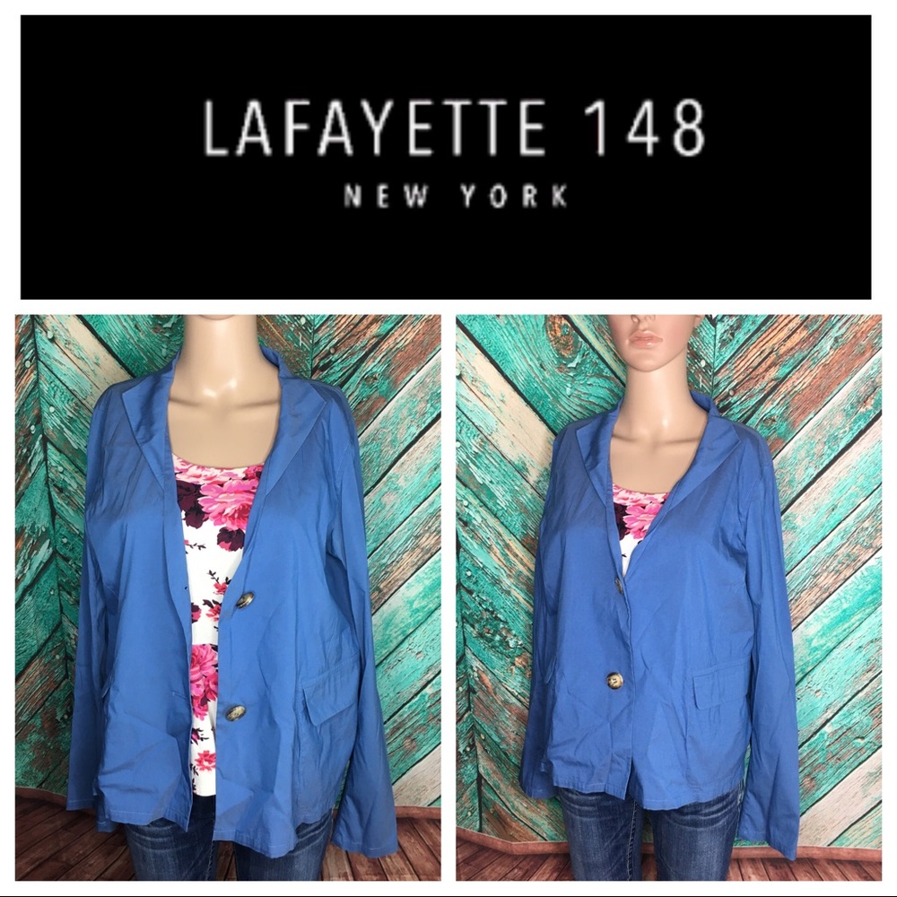Lafayette 148 Blue Cotton Blend Two Button Blazer